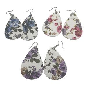 3 Floral Leather Teardrop Earrings 3 Pairs Blue Pink & Purple NEW